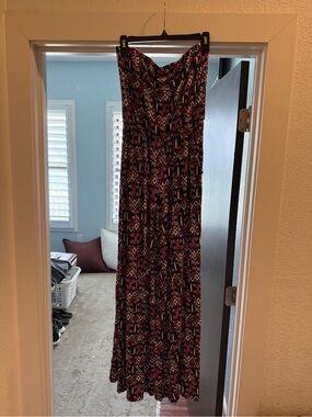 Bobeau Strapless Wide Leg Navy Maxi Jumpsuit Pink & White Aztec Print Large